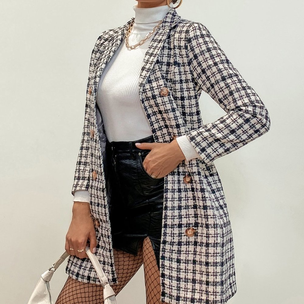 New Double Breasted Plaid Overcoat